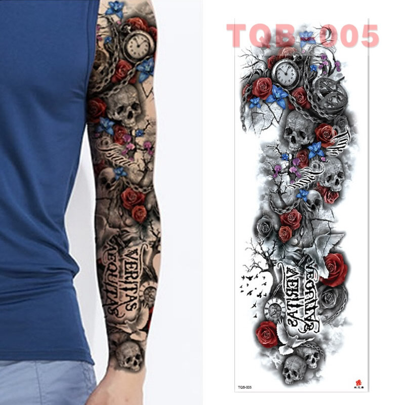 Cráneo flor mangas de brazo grande impermeable tatuaje temporal pegatina hombre mujer falso Color pegatinas tatuaje tótem cuerpo pierna brazo TQB05