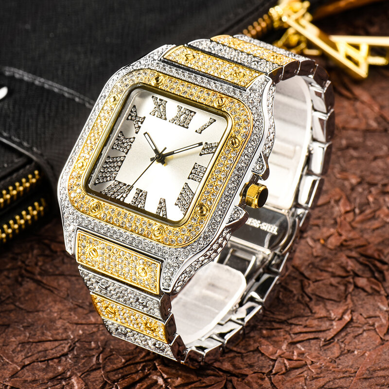 Montre-bracelet à quartz pour homme, entièrement bling, glacé, hip hop, montres pour homme, boîtier carré classique, diamant, zones, livraison directe