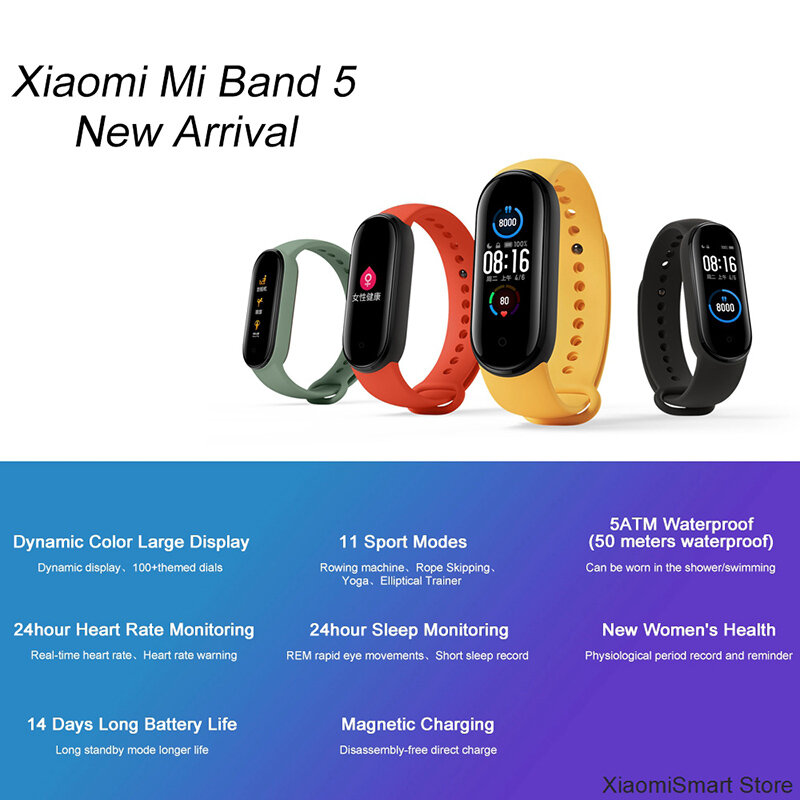 Oryginalny Xiaomi Mi zespół 5 inteligentny Miband5 bransoletka globalna wersja kolorowy ekran tętno Fitness Tracker Bluetooth 5.0