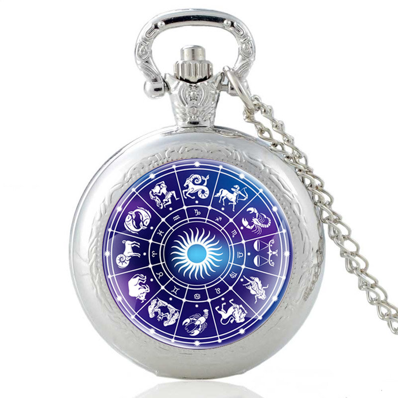 Reloj de bolsillo clásico para hombre y mujer, pulsera de cuarzo con cabujón de cristal y Astrología de 12 Constelaciones, con colgante, cadena de horas