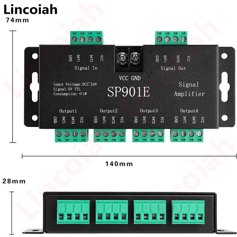 SP901E SPI 신호 증폭기 리피터 WS2812B WS2811 WS2813 RGB 주소 지정 가능 LED 픽셀 스트립, 프로그래밍 가능한 매트릭스 패널 라이트