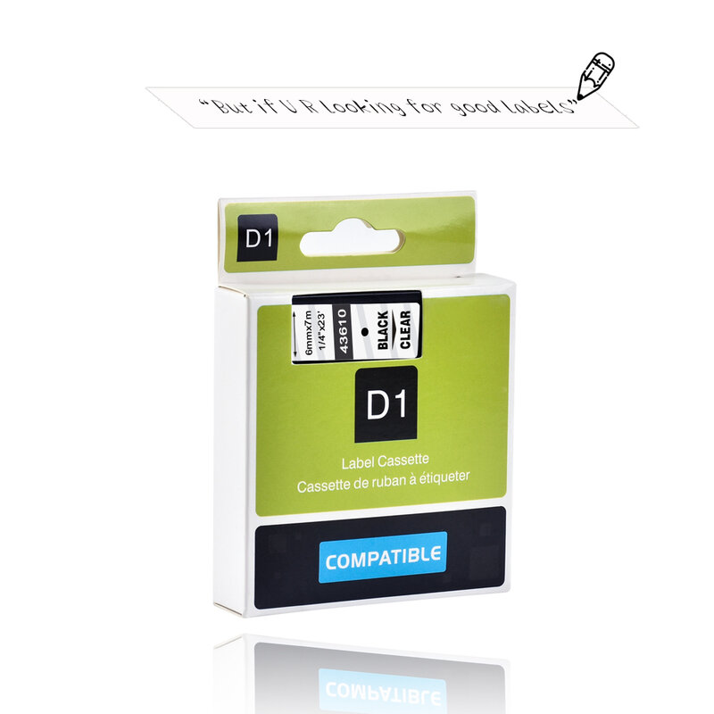 Cintas de cinta de 6mm para impresora Dymo D1, 43610 negro sobre transparente, Compatible con impresora de etiquetas Dymo LM160 LM280