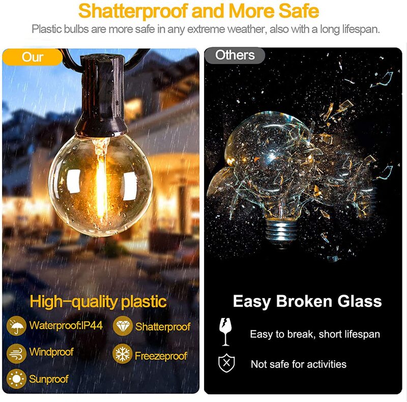 12M 30 LEDS  G40 Solar String Lights Outdoor Patio Lights Solar & USB Powered Waterproof Globe Hanging Lights with Shatterproof