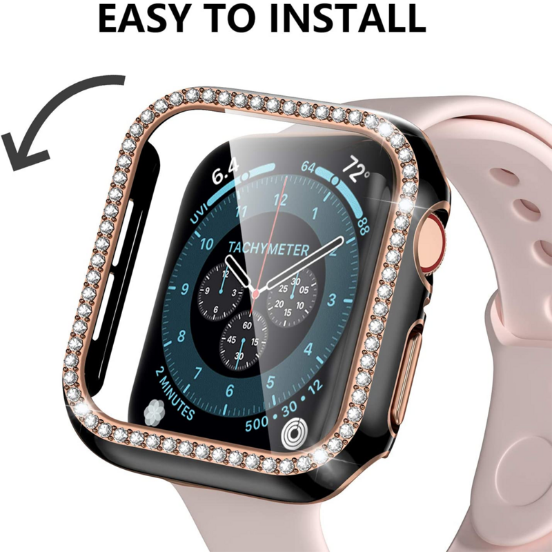 Bling Diamond Bumper e Protetor de Tela para Apple Watch, Capa de Vidro, Case, 45mm, 44mm, 41mm, 40mm, 38mm, 42mm, iWatch Série 9, 8, 7, 5, 6, 4, SE