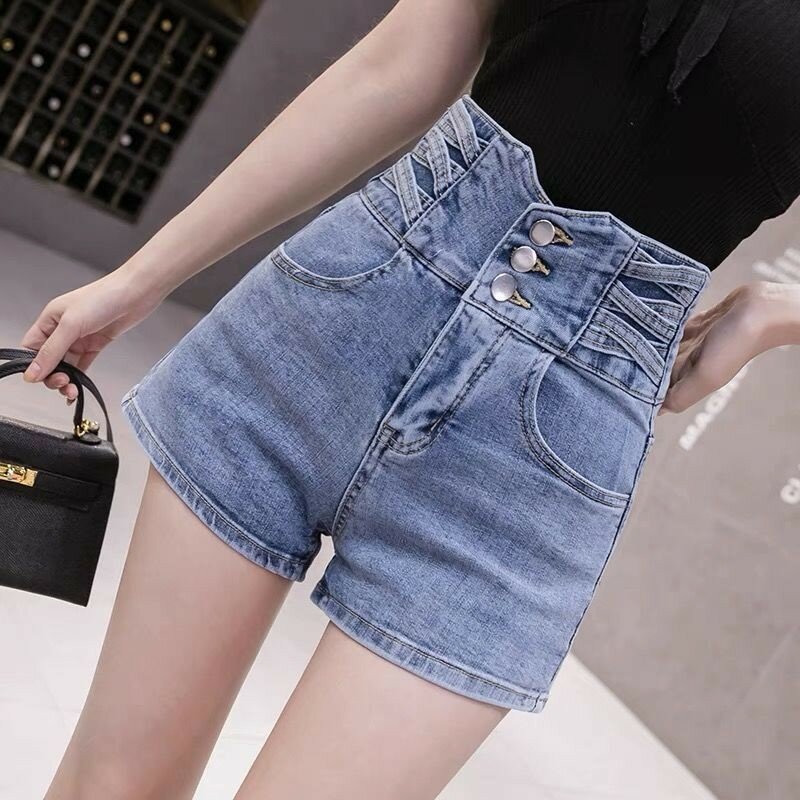 Koreanische Super hohe Taille Drei-Knopf-Jeans shorts für Frauen, lose und weite Hose, neuer Stil, Sommer 2023