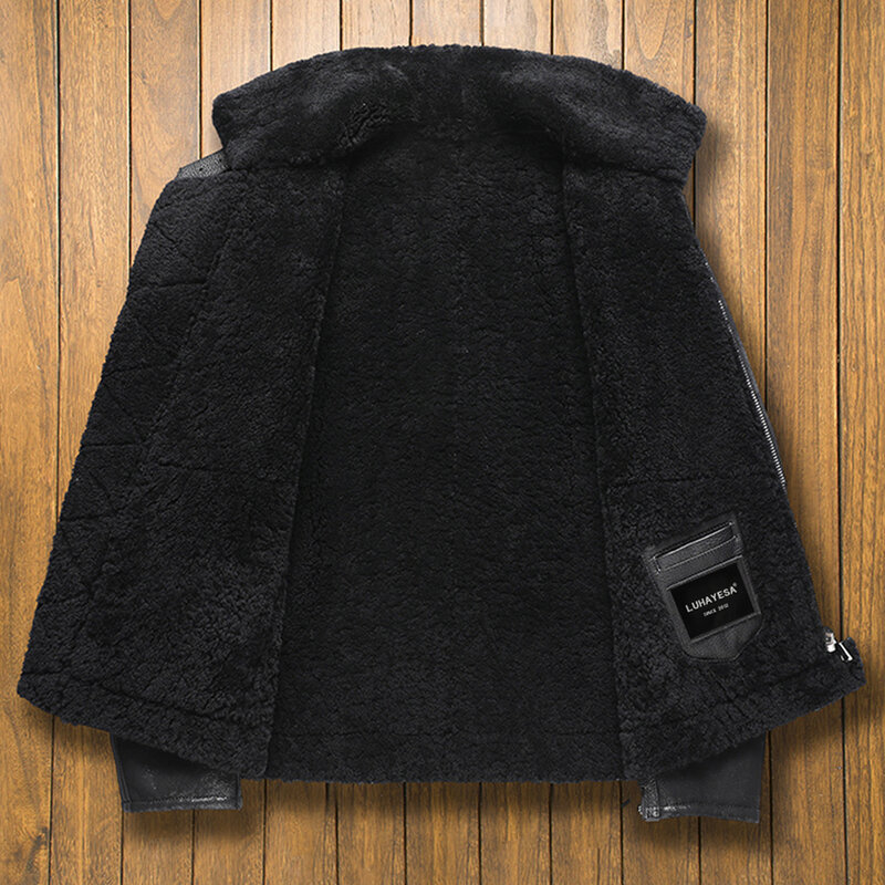 LUHAYESA Thicken Black Real Fur Jacket Men 2021 Winter Slim Warm Natural Sheepskin Shearling Fur Clothing