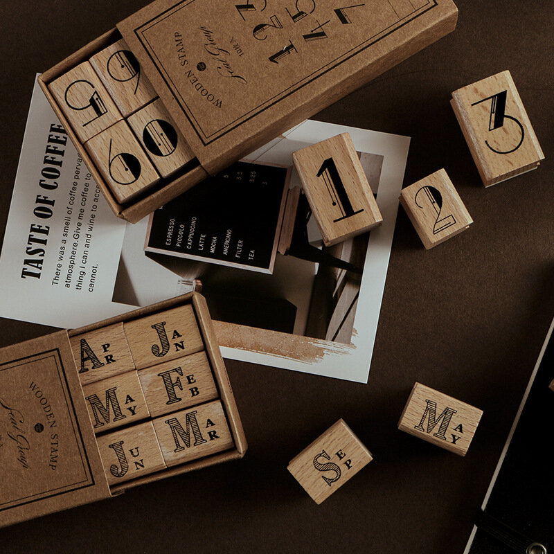 Sellos de diario de madera Retro, juego de sellos mensuales con números para cuaderno, planificador, manualidades, álbum de recortes, accesorios de bricolaje, papelería escolar
