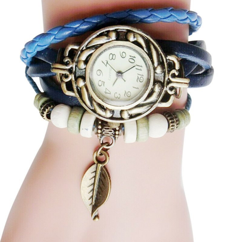 여러 가지 빛깔의 고품질 여성 손목 시계, 가죽 빈티지 쿼츠 드레스 시계, 팔찌 손목 시계, 잎 선물, 여성 시계