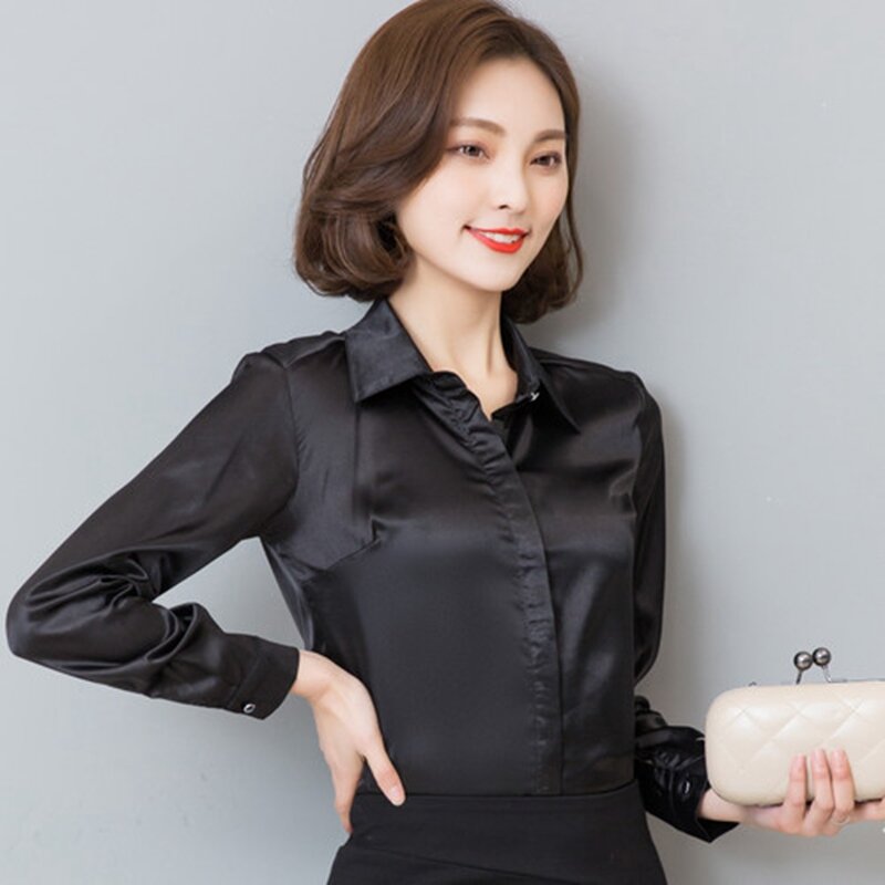 Stinlicher Satin Silk Shirt Frauen frühling Herbst Langarm Elegante Arbeit Tragen Tops Koreanische Mode Weiß Blau Schwarz Bluse Hemd
