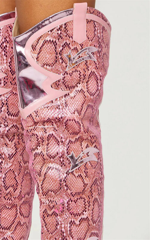 2024 marka moda szpiczasty palec u nogi nadruk węża z mikrofibry buty do kolan sexy wysokie obcasy buty damskie jesienne zimowe buty różowe