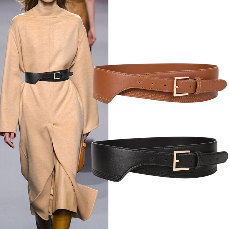 Cinturones de moda para mujer, faja suave y ancha de cuero PU con hebilla cuadrada dorada, corsé de cuerpo caliente