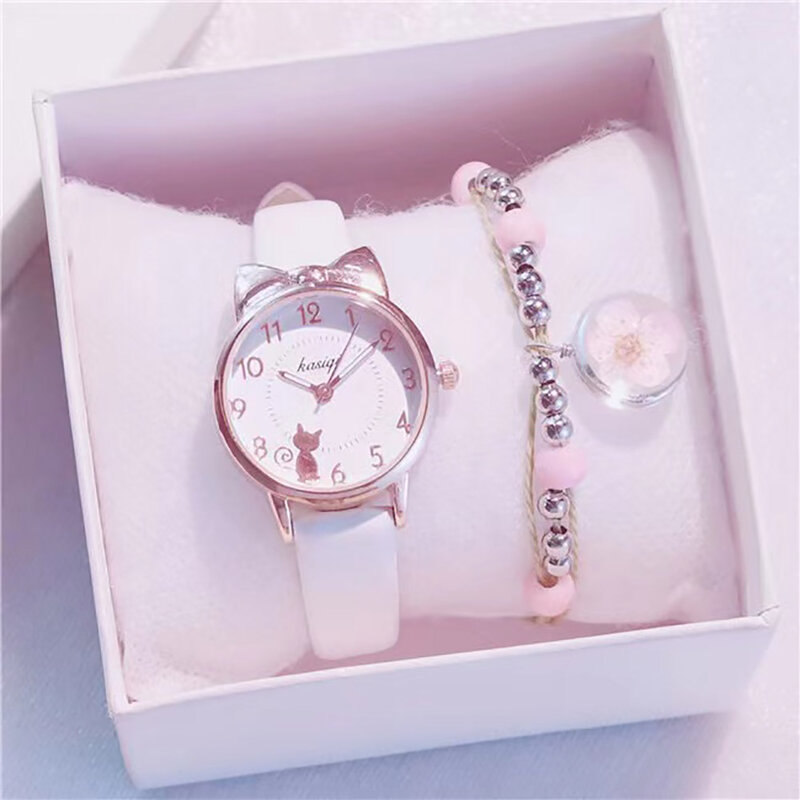 Часы наручные для девочек, кварцевые, с кошачьими ушками, в стиле ольччан, с коробкой и браслетом из бисера, подарок для детей
