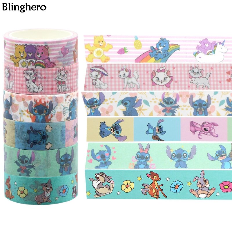 Blinghero 15mm X 5m Cartoon Stitch taśma maskująca Bambi taśma klejąca kot Washi taśmy prezenty dekoracyjne taśmy papiernicze BH0448