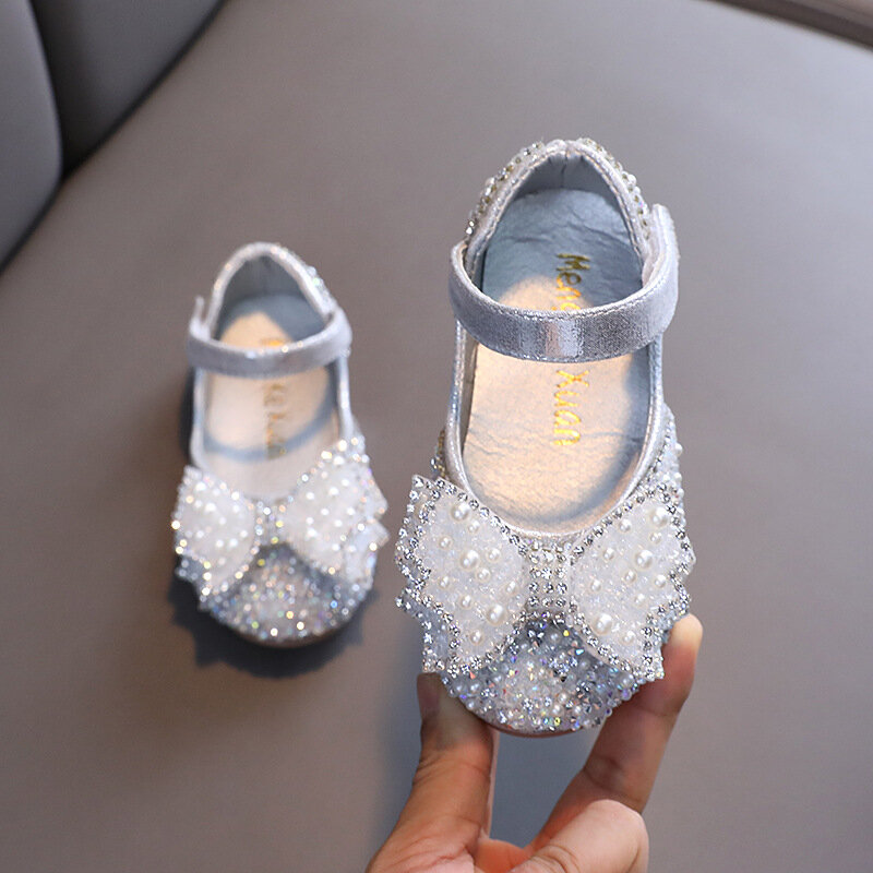 Zapatos de cuero con diamantes de imitación cuadrados para niñas, zapatos de princesa con lazo, zapatos de boda de rendimiento para niños, moda de otoño, G14