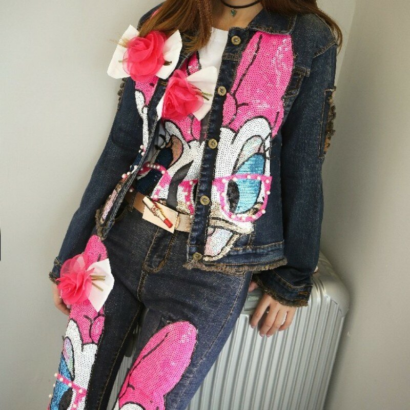 High Street Women Slim Fit Denim Two Piece Set Cartoon Sequins Bling Skinny Jeans Suits Short Jacket Hole Ripped Matching Sets