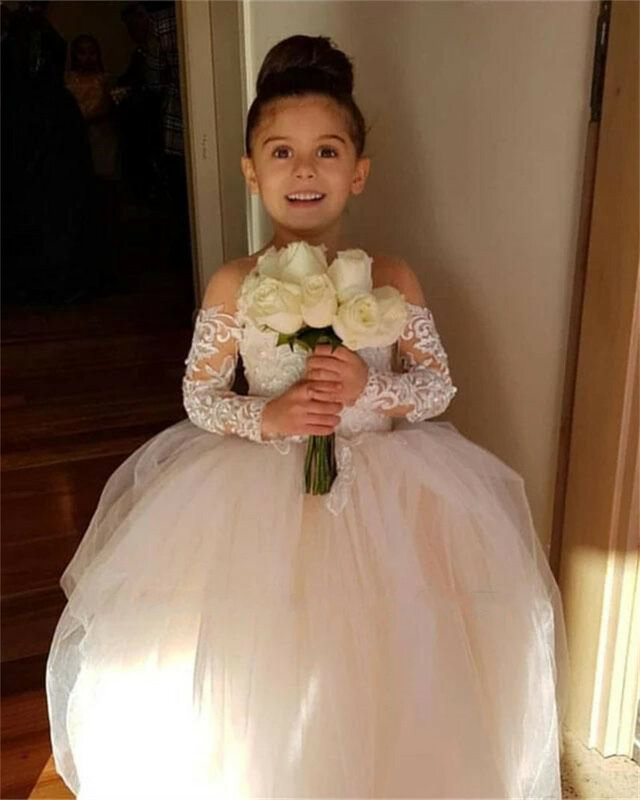 Gaun Gadis Bunga Putri Baru untuk Pernikahan Anak-anak Gaun Pesta Renda Applique Gaun Seremonial Anak Perempuan dengan Lengan Vestido