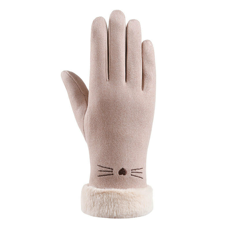New Women Winter Thicken Keep Warm Touch Screen Plus Velvet Cute Lovely Cat Cartoon Embroidery Outdoor Cycling Gloves