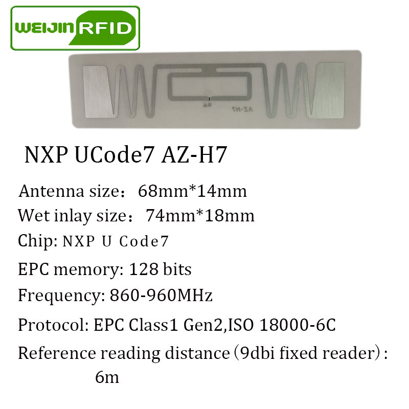 Pegatina RFID UHF NXP Ucode7, AZ-H7, incrustación húmeda, 915mhz, 900, 868mhz, 860-960MHZ, EPCC1G2, 6C, etiqueta adhesiva RFID pasiva