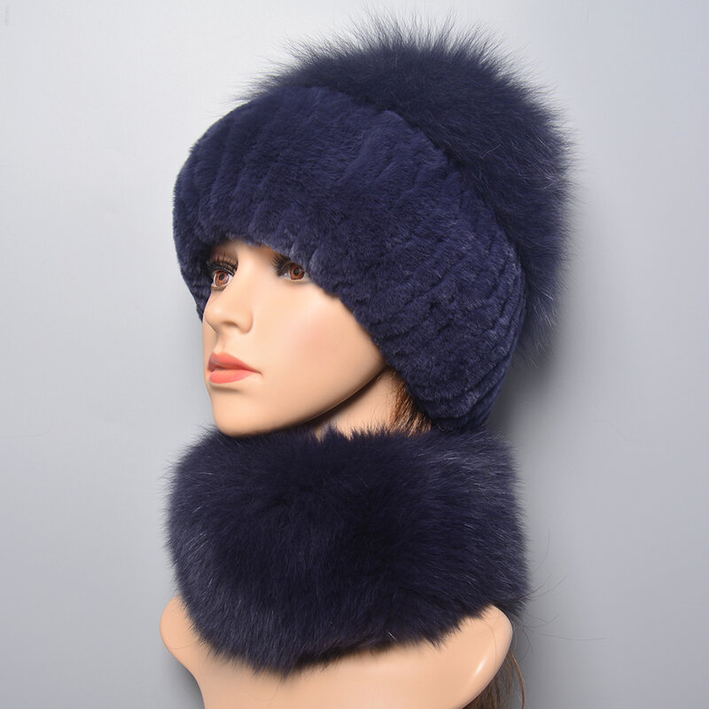 Diskon Besar Topi Syal Bulu Kelinci Rex Asli Wanita Merek Luar Ruangan Musim Dingin Topi Bulu Rubah Asli Hangat Syal Cincin Topi Syal Bulu Rubah Alami