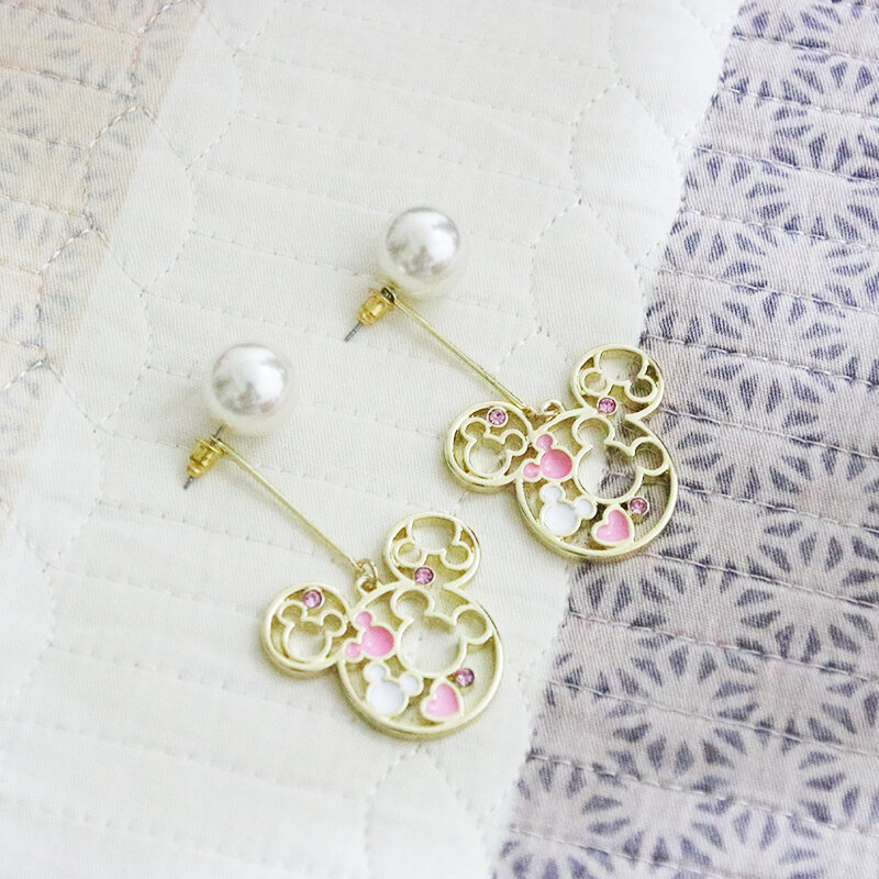 FENGLI Golden Mickey Stud Earrings for Women Dripping Oil Mouse Imitation Pearls Earring Party Minnie Ear Studs Jewelry
