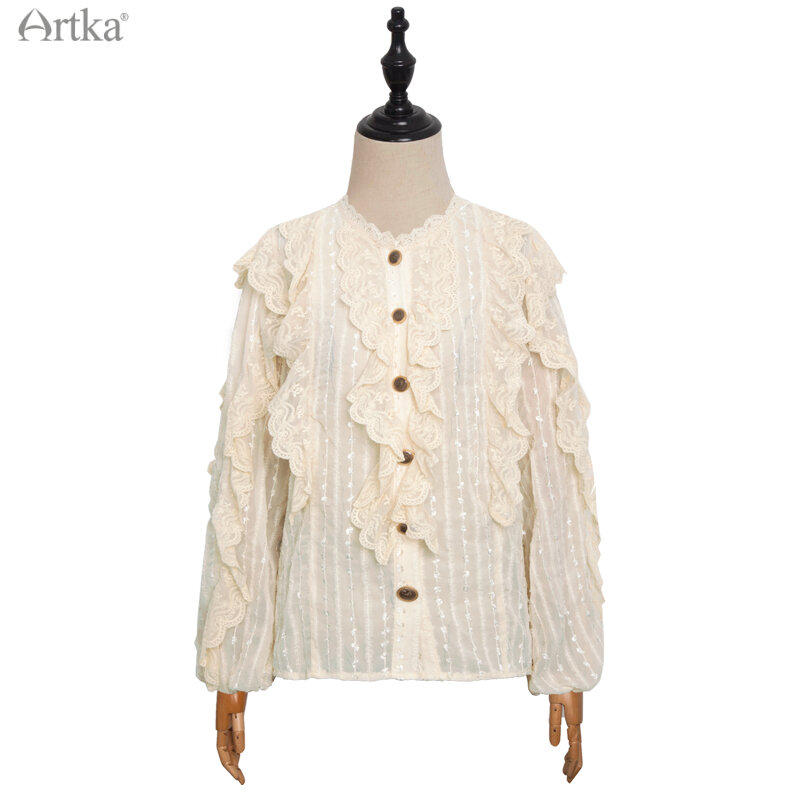ARTKA 2021ฤดูใบไม้ผลิใหม่เสื้อผู้หญิงElegant Lace Palaceสไตล์ชีฟองเสื้อลูกไม้Ruffle Lanternแขนเสื้อสีขาวSA28012C