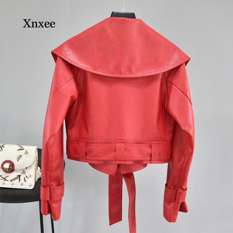 Chaqueta de cuero sintético para mujer, abrigo corto con cuello vuelto, cinturón con cordones, color negro, Punk y rojo, para otoño