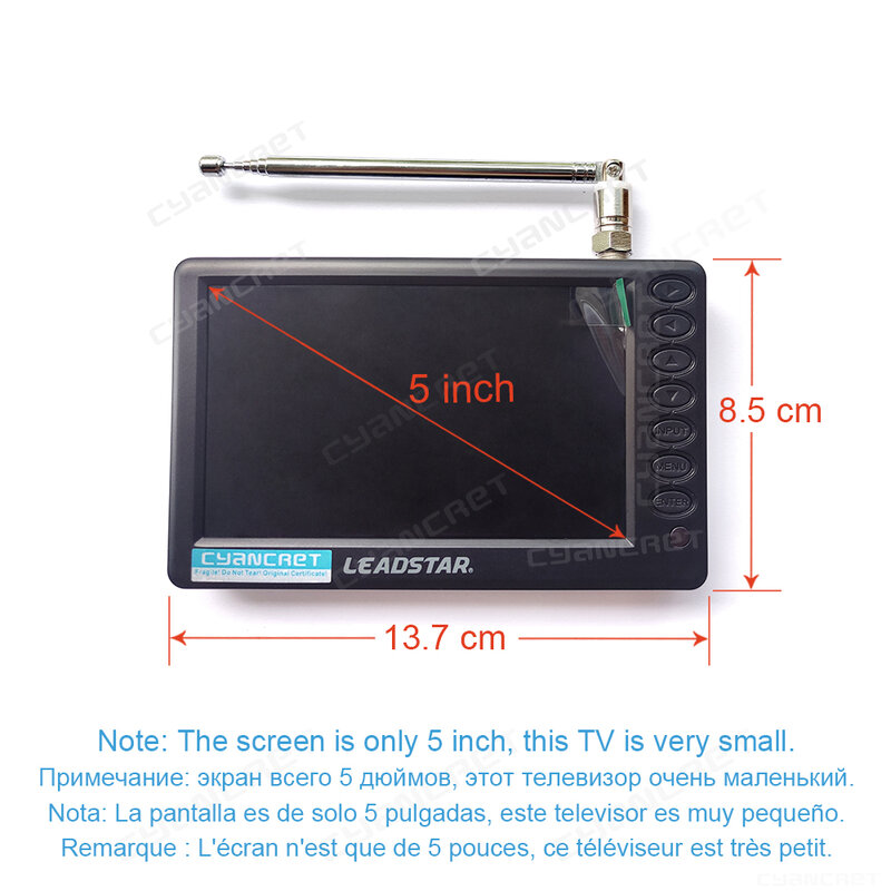 LEADSTAR Pocket TV D5 5 pollici DVB-T2 ATSC ISDB-T TDT Mini TV digitale e analogica per auto di piccole dimensioni supporto TV portatile USB TF AC3