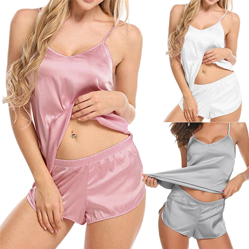 Feminino sexy pijama conjuntos nightwear sem mangas estilingue v-neck top shorts causal confortável lingerie pijamas