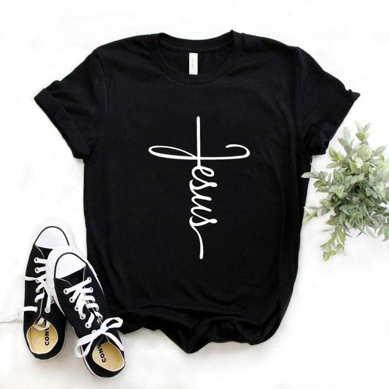 Mulheres Jesus Cruz Camiseta Estampada Cristã, Camiseta Engraçada Casual, Lady Yong Top Menina, Camiseta Hipster, 6 Cores, NA-905
