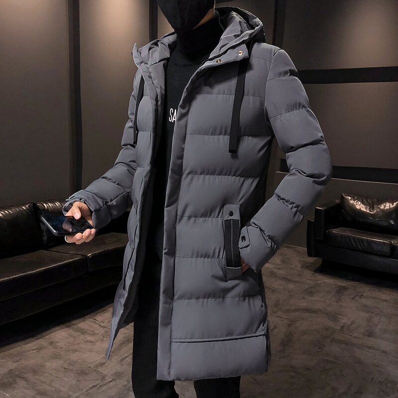 Jaket dan Mantel Musim Dingin Jaket Panjang Berkerah Bertudung Pria Parka Hangat Tebal Pakaian Luar Kasual Slim Fit Mantel Musim Dingin