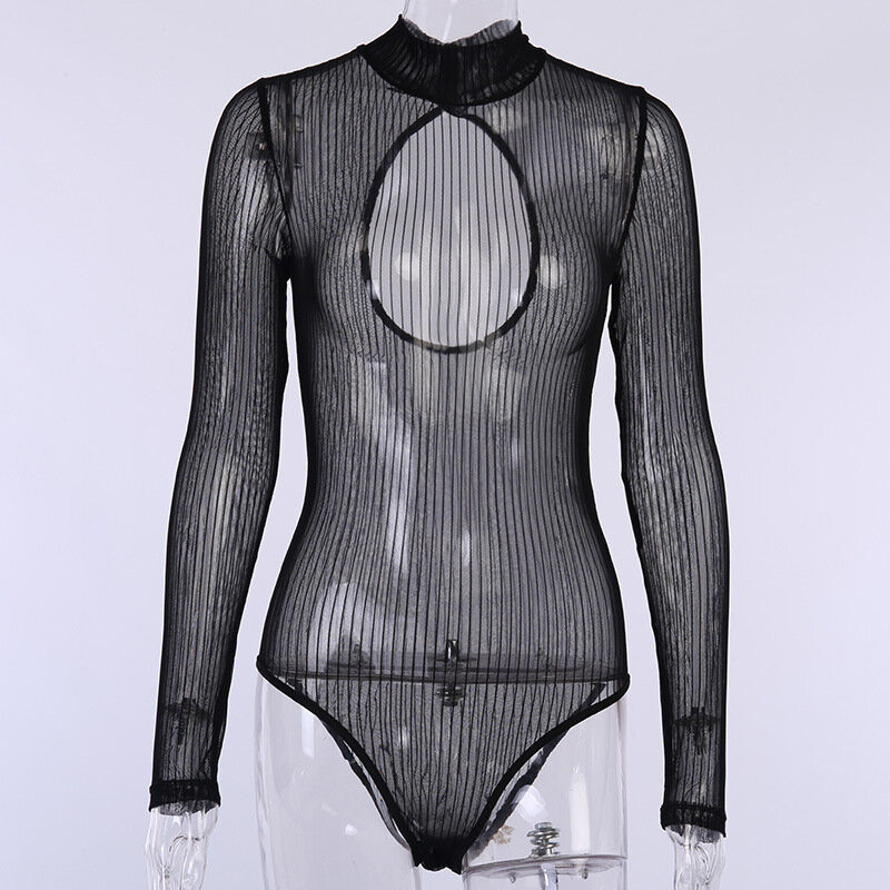 Bkld-macacão sexy de uma peça com costas abertas, malha transparente para noite e clube, novo bodysuit preto, manga comprida, primavera, 2021
