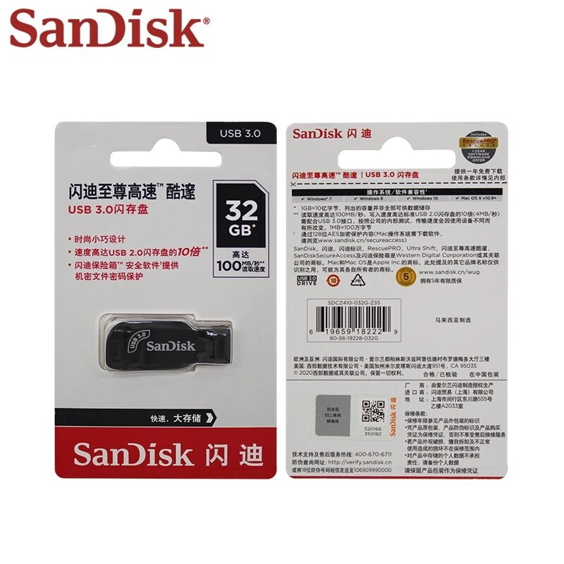SanDisk-unidad Flash USB 100% Original CZ410, Pendrive Mini de 32GB, 64GB, 3,0 GB, 128GB, disco U, 256 MB/S, 100