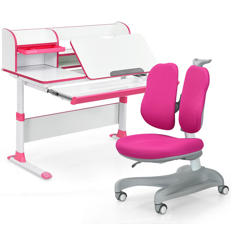 Honeyjoy Set kursi meja belajar anak-anak, dapat disesuaikan dengan rak buku Pink