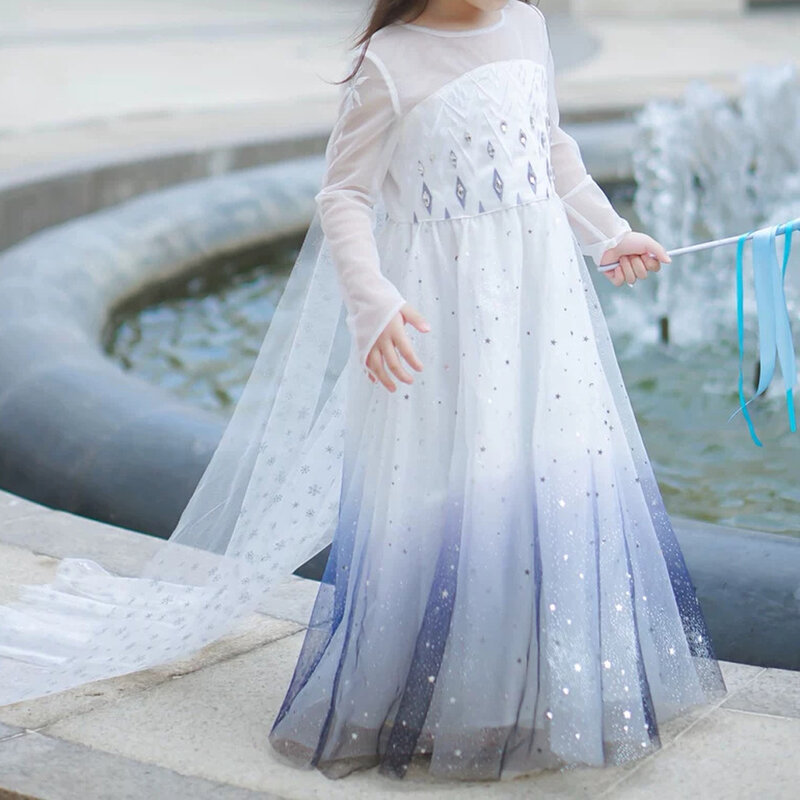 Summer Princess Elsa Dress for Girls Halloween Anna Elsa Costume Crystal Birthday Dress with Fairy Long Tail Party Elsa Dress Up