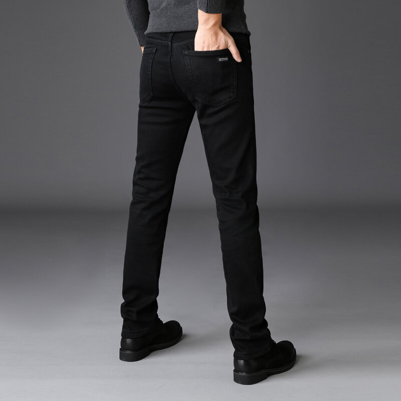 Mężczyźni klasyczne zaawansowane mody markowe dżinsy Jean Homme człowiek miękkie Stretch czarny Biker Masculino spodnie jeansowe męskie spodnie kombinezony