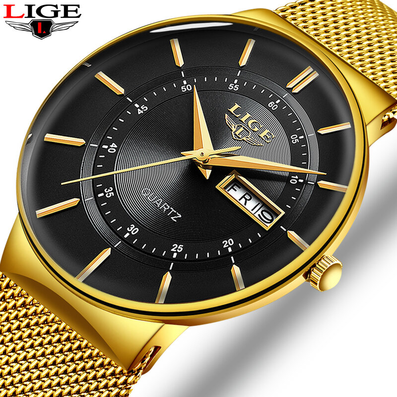 ساعات رجالي جديدة من Relogio Masculino 2023 LIGE من أفضل العلامات التجارية الفاخرة رقيقة جدا ساعة كوارتز الرجال الصلب شبكة حزام مقاوم للماء ساعة ذهبية