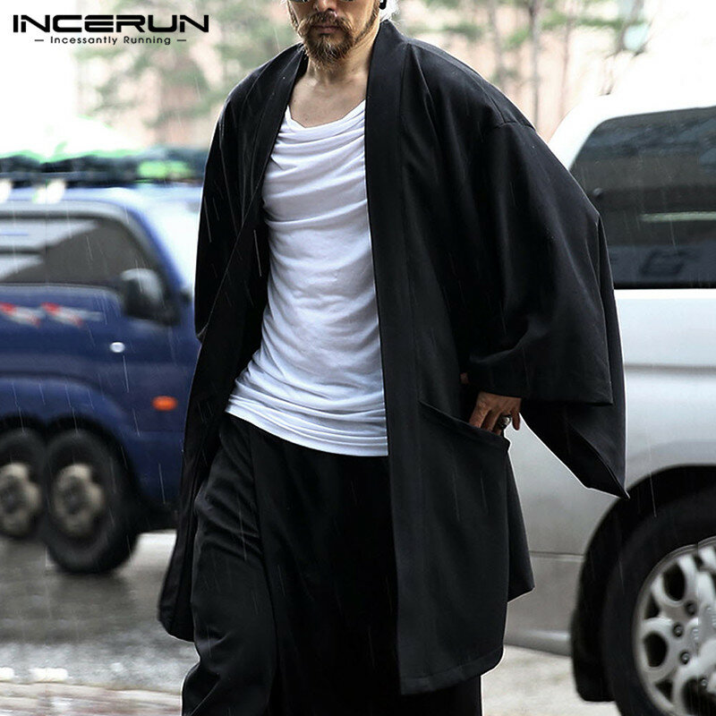 Moda męska wykop bawełna płaszcze bez zapięcia jednolity kolor, długi rękaw Casual japońskie Kimono Streetwear Cardigan 2023 odzież wierzchnia INCERUN