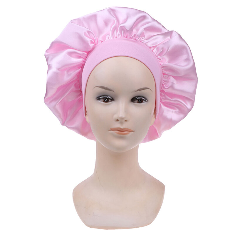 Long Hair Care 58cm Women Satin Bonnet Cap Night Sleep Hat Silk Head Wrap Adjust Shower Caps Knitted Cap Solid Color