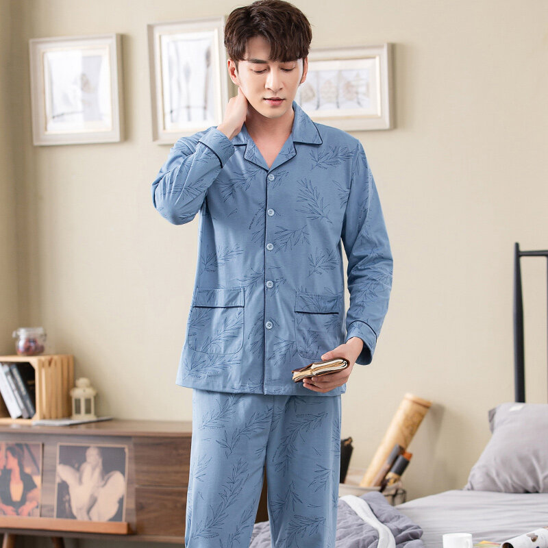 Men's print pajamas long sleeve cotton spring and autumn cardigan pajamas men's elegant big yards 4XL household suit men's youth