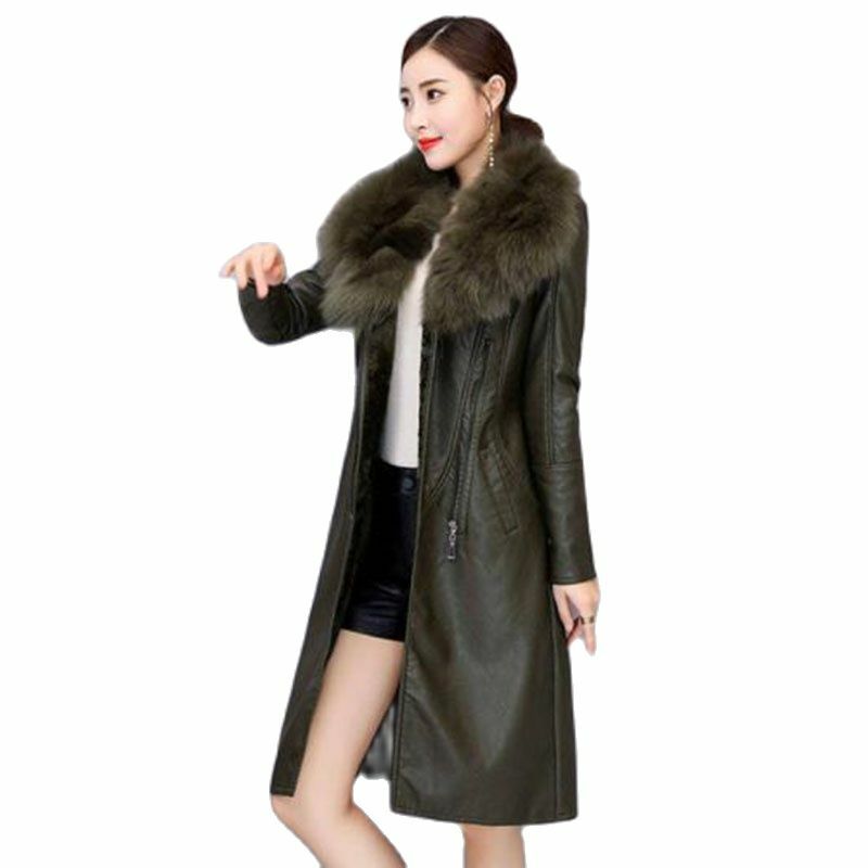 Manteau en cuir pour femme, veste en cuir, ajouter du velours, épaissir, mi-long, grand col en fourrure, mince, dames, vêtements pour femmes, automne, hiver, nouveau, 2022