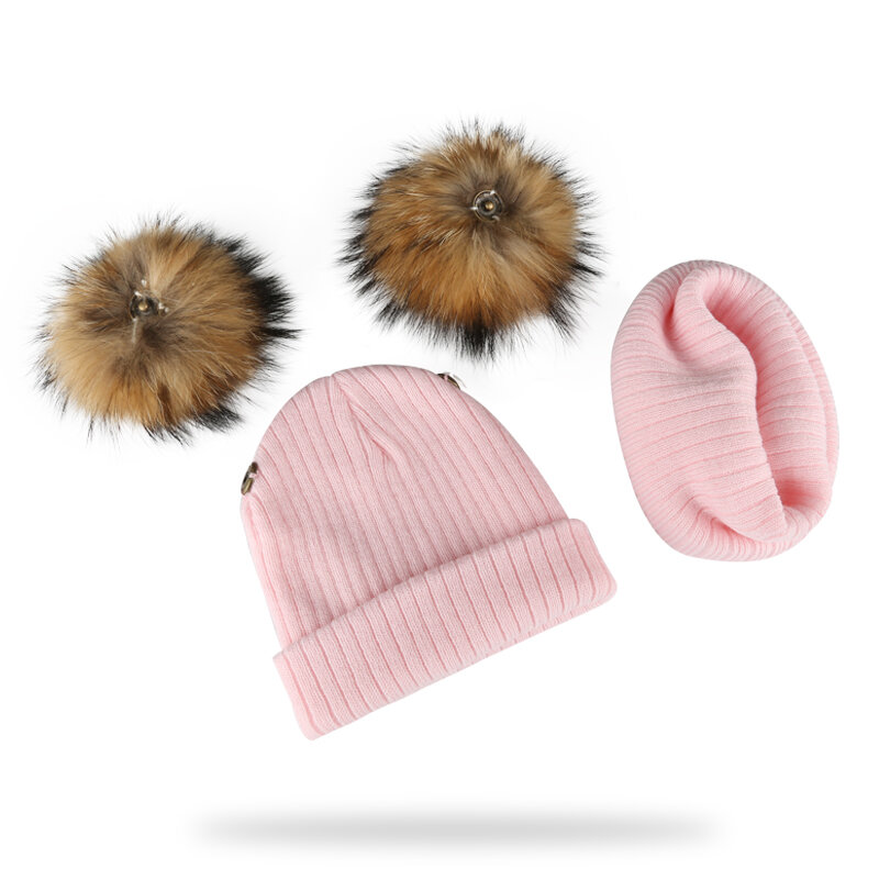 겨울 어린이 천연 너구리 모피 더블 폼폰 모자와 스카프, 여아용 아기 모자 정품 폼폼 어린이 액세서리 보닛