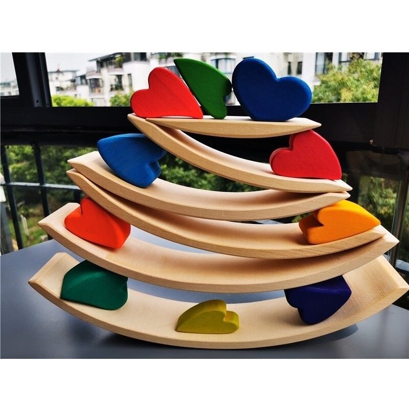 10 pezzi giocattoli in legno per bambini tiglio/faggio arcobaleno cuore impilabile con vassoio in legno blocchi di costruzione pastello apprendimento precoce
