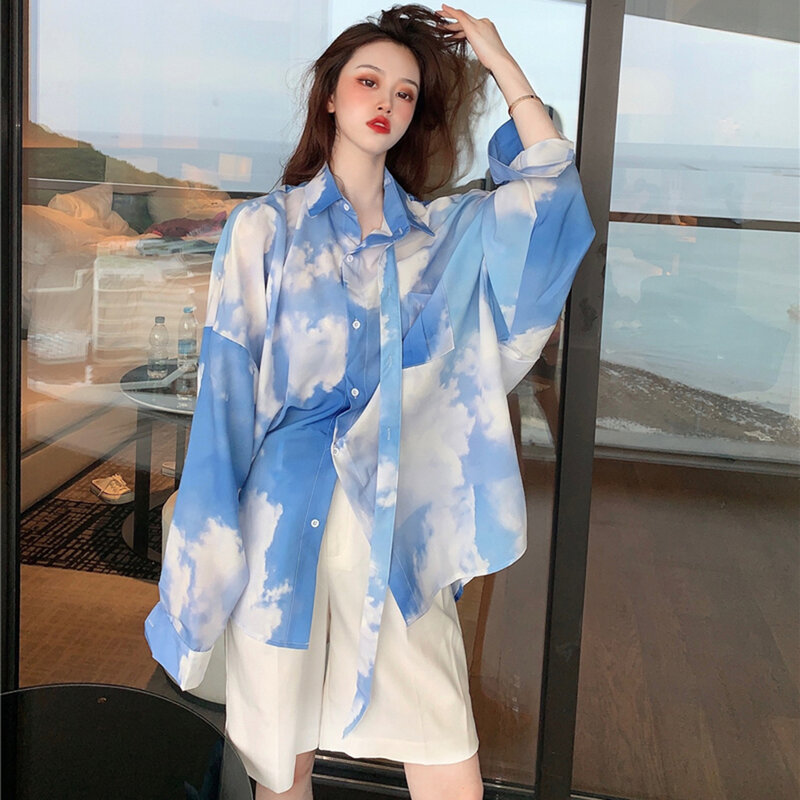 BF, Blus Wanita Korea Harajuku Longgar Langit Biru, Awan Putih, Tie-Dye Gradien Blus Kebesaran Kemeja Lengan Panjang kemeja