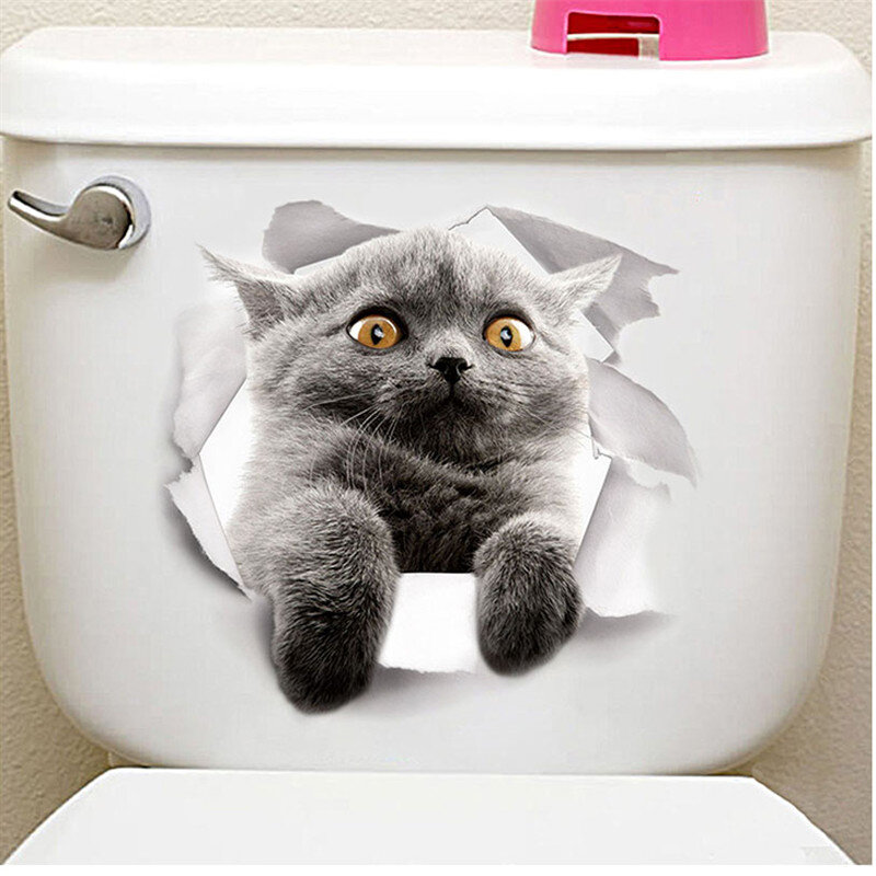 Vivid 3d Hole Funny Cat Dog Toilet Stickers Diy Wc Washroom Home Decoration Cute Kitten Puppy Pet Animals Wall Art Decals