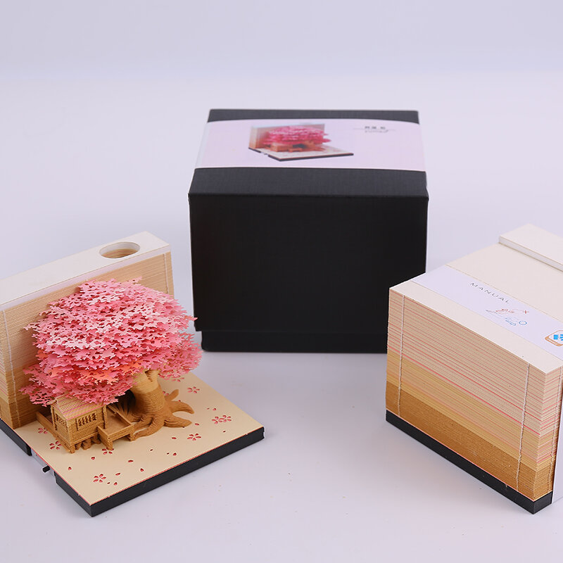Omoshiroi Bloco 3D Memo Note, Cute Tree, Presente de Natal, Color Paper Sticky Note, Acrílico Flip Box, Craft Notepad Papelaria, DIY