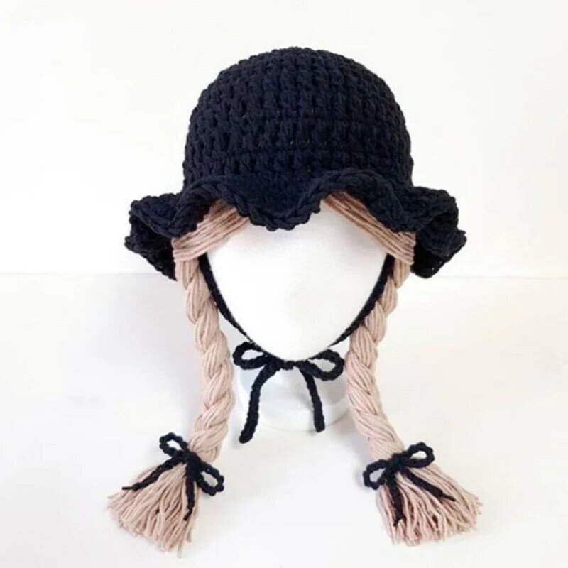 Topi Rajutan Anak-anak Bayi Hangat Lembut Wig Lucu Topi Putri Anak Perempuan Laki-laki Kepang Besar Topi Kostum Pesta Ulang Tahun 48-52Cm