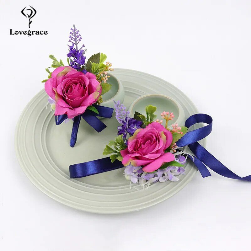 Lovegrace-Wedding Rose Flower Boutonniere, Vermelho, Buttonhole, Madrinha De Pulso Corsage, Pulseira De Seda, Casamento