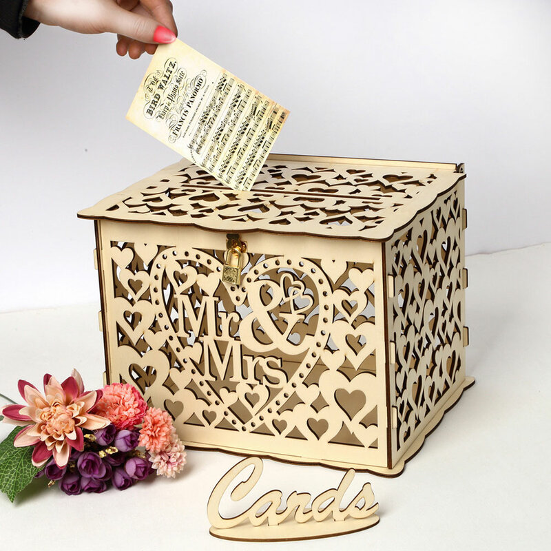 DIY 웨딩 카드 상자, 웨딩 용품, 커플 사슴 새 꽃 패턴 그리드 명함 나무 상자