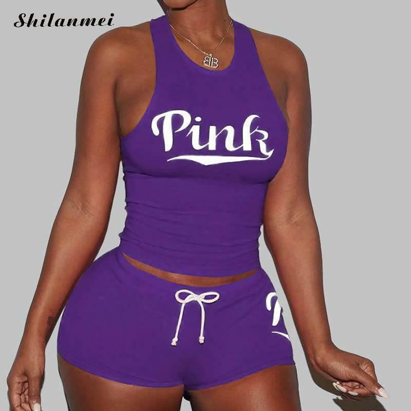 2020 女性の設定ピンクレタープリントカジュアル夏ツーピースセットプラスサイズ女性タンクトップとショーツ衣装