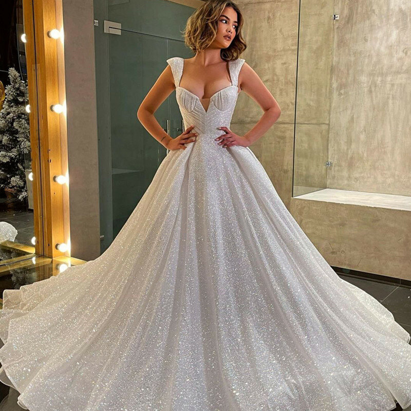 Suknia ślubna LoveDress księżniczka z dekoltem w szpic dla kobiet błyszcząca nowoczesna suknia balowa panny młodej bez pleców na kort Vestido De novia
